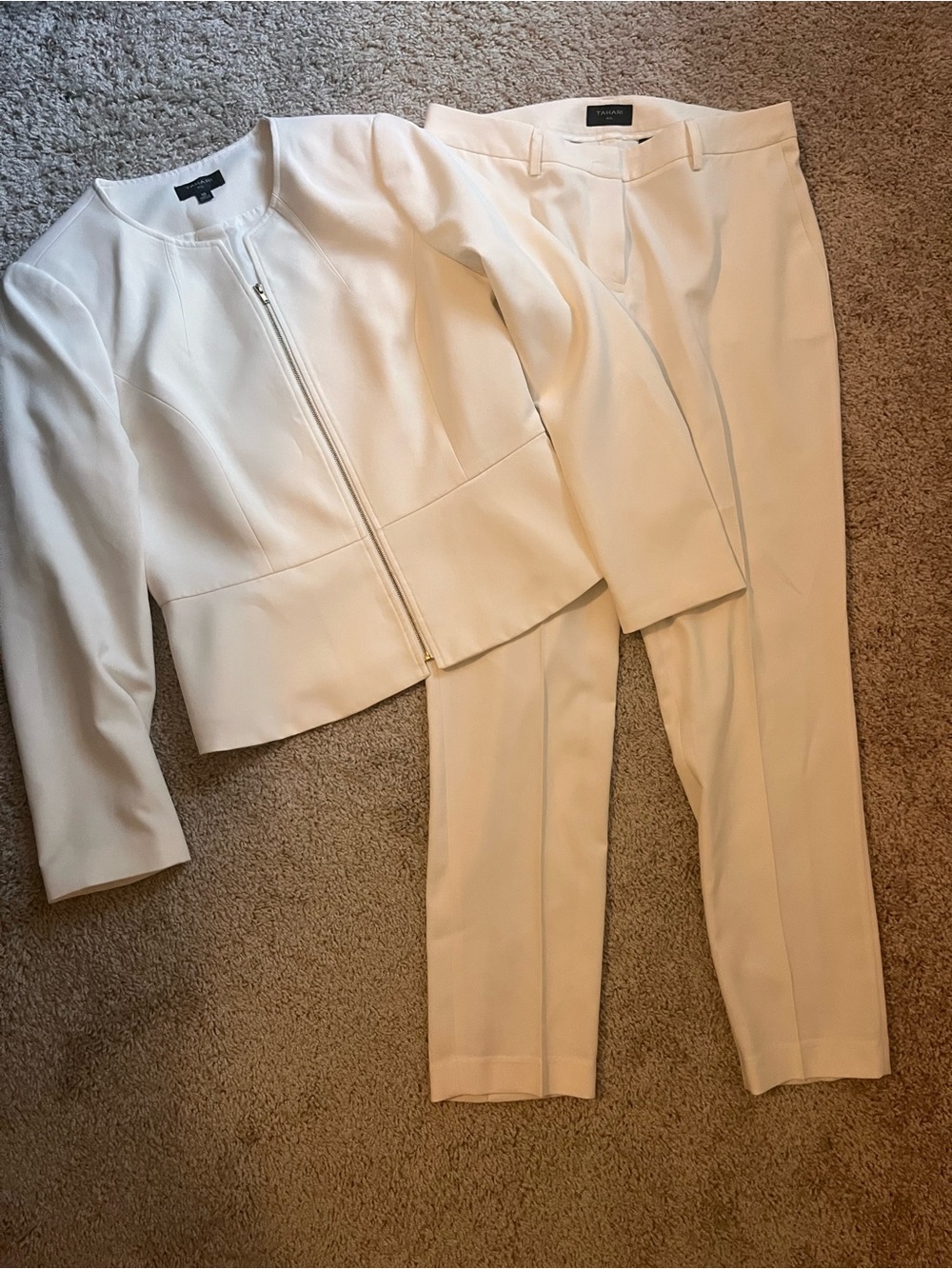 Tahari ASL Cream Women’s Suit- Zip-Front Jacket with Matching Ankle Pants SET